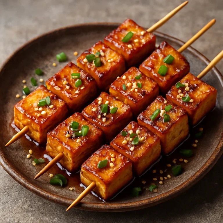 Atsuage tofu yakitori nyársra húzva, szezámmal és zöldhagymával tálalva