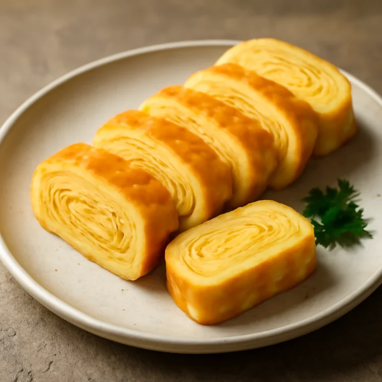 Atsuyaki Tamago szeletek, finoman szeletelve, elegánsan tálalva