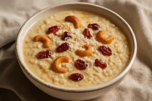 Kókuszos aval payasam tejszínnel és friss fenyőmaggal tálalva