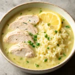 Avgolemono csirkemellel, tojásos-citromos leves gazdag csirkehússal és rizzsel