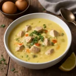 Avgolemono egész tojással, görög tojásos citromleves, rizs és zöldségekkel