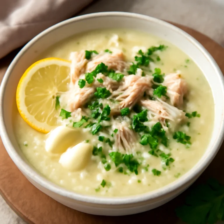 Avgolemono fokhagymával tálalva friss petrezselyemmel