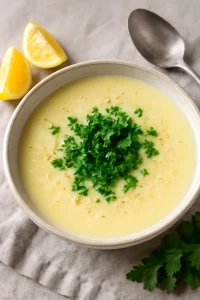 Friss és ínycsiklandó avgolemono leves, petrezselyem díszítéssel