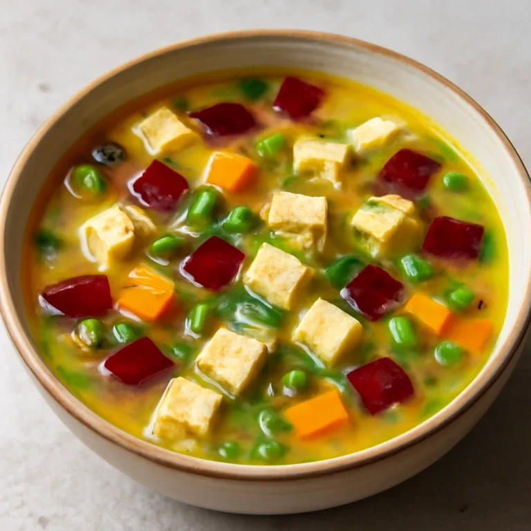 Vegán Avgolemono leves, friss zöldségekkel és tofukockákkal