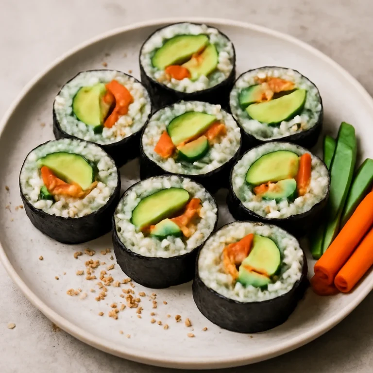 Avocado gimbap, koreai étel, szezámmaggal és friss zöldségekkel tálalva