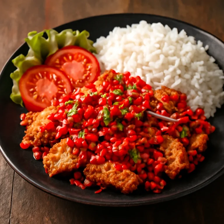 Ayam geprek, ropogós csirke darabok, chilivel és friss fűszerekkel tálalva