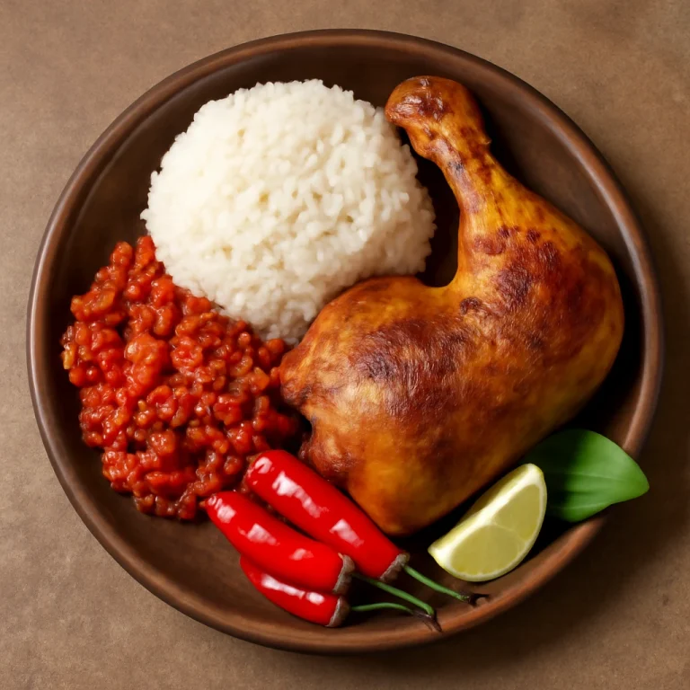Ayam Penyet csirke csípős sambal szósszal tálalva