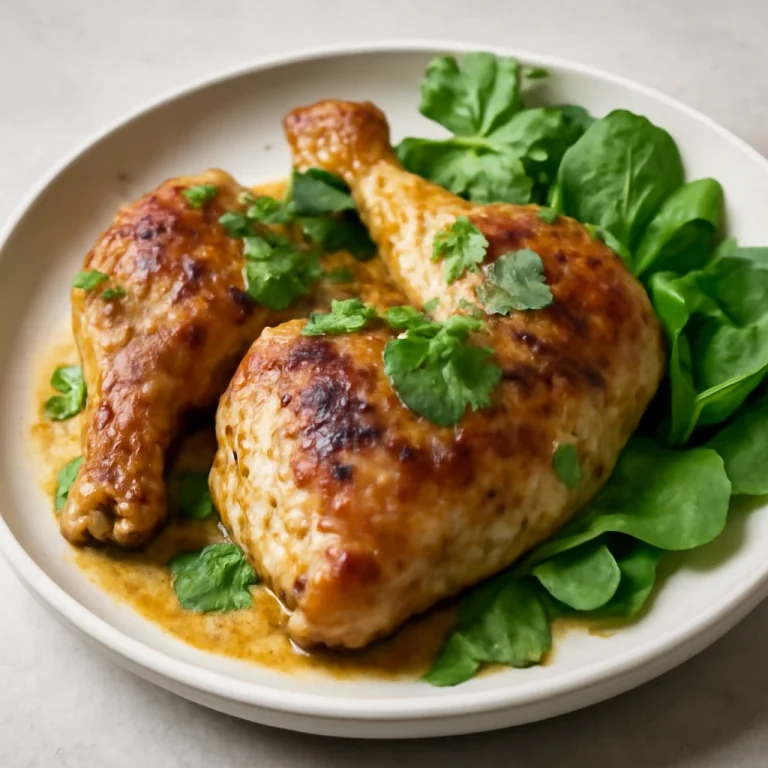 Ayam Penyet fokhagymás pácban, friss korianderrel és spenóttal tálalva
