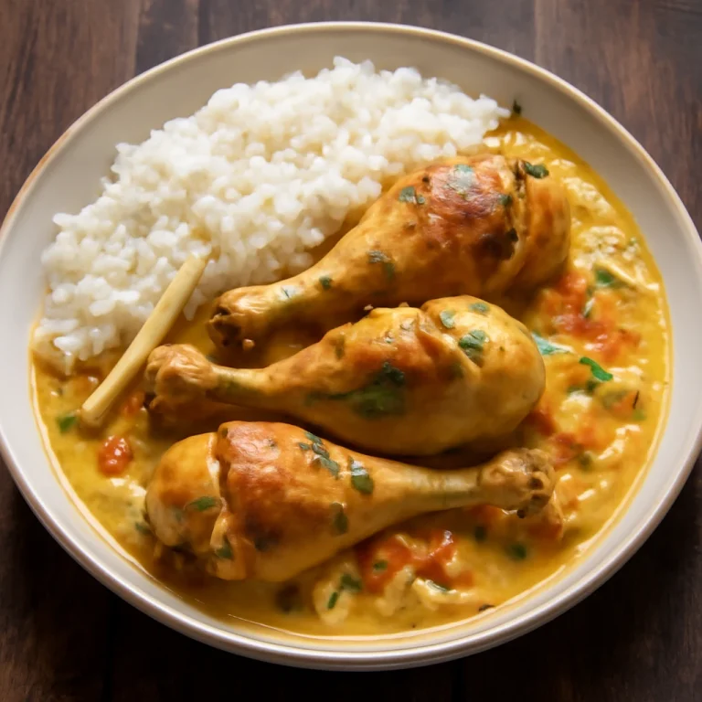 Ayam Penyet kókusztejes mártással, frissen tálalva, szaftos csirkecombokkal és rizssel.