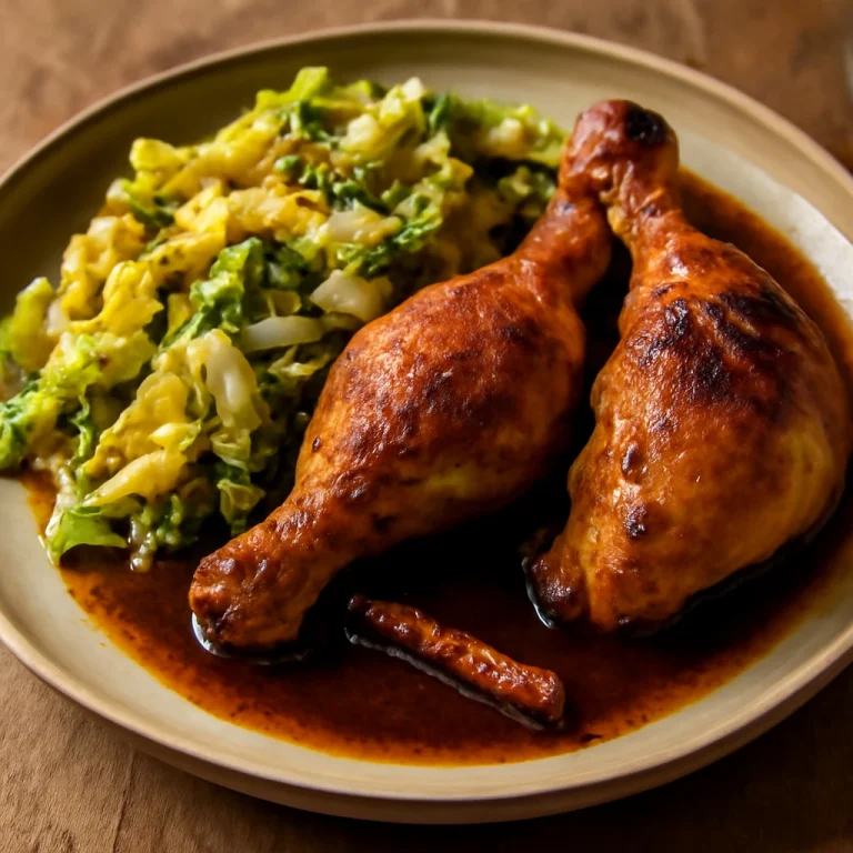Ayam Penyet sült káposztával, szójaszószos öntettel