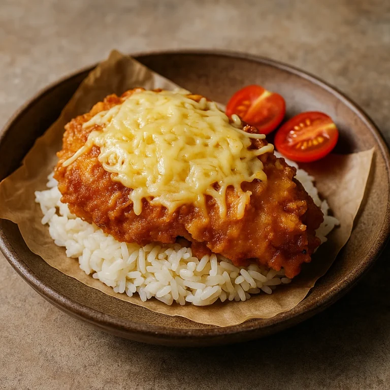 Ayam geprek sajttal ropogós csirkemell sajttal és samballal tálalva rizzsel