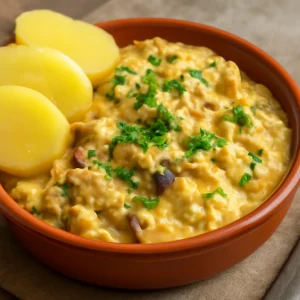 Krémes vegan bacalhau tálalva friss petrezselyemmel