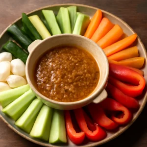 Friss és gazdag bagna cauda szósz, tálalva nyers zöldségekkel