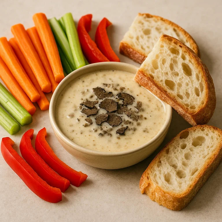 Bagna cauda szarvasgombával tálalva zöldségekkel és kenyérrel