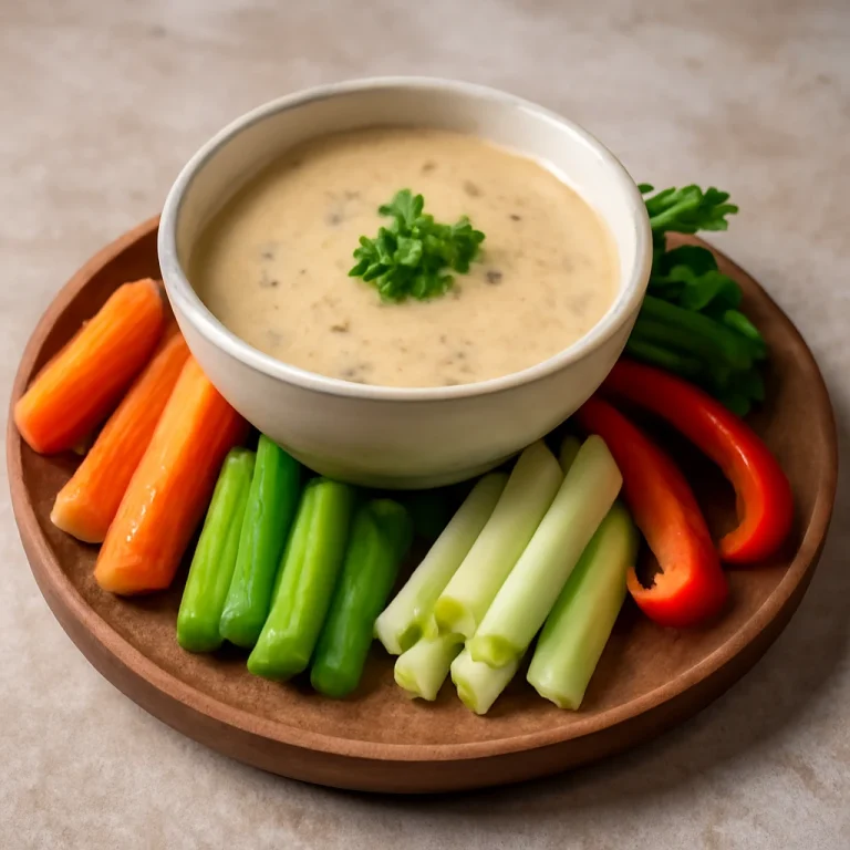 Bagna cauda tejszínnel, gazdag fokhagymás és anchovisos szósz, friss zöldségekkel tálalva