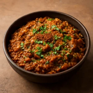 Füstös, ízes Baingan Bharta garam masalával