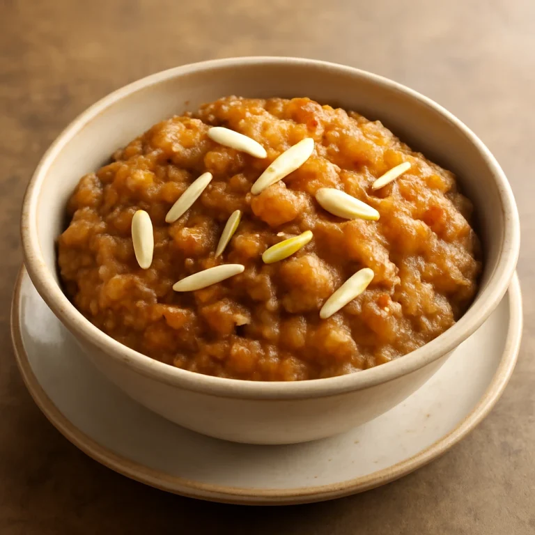 Bajra Halwa aranybarna színű, díszített tányéron tálalva