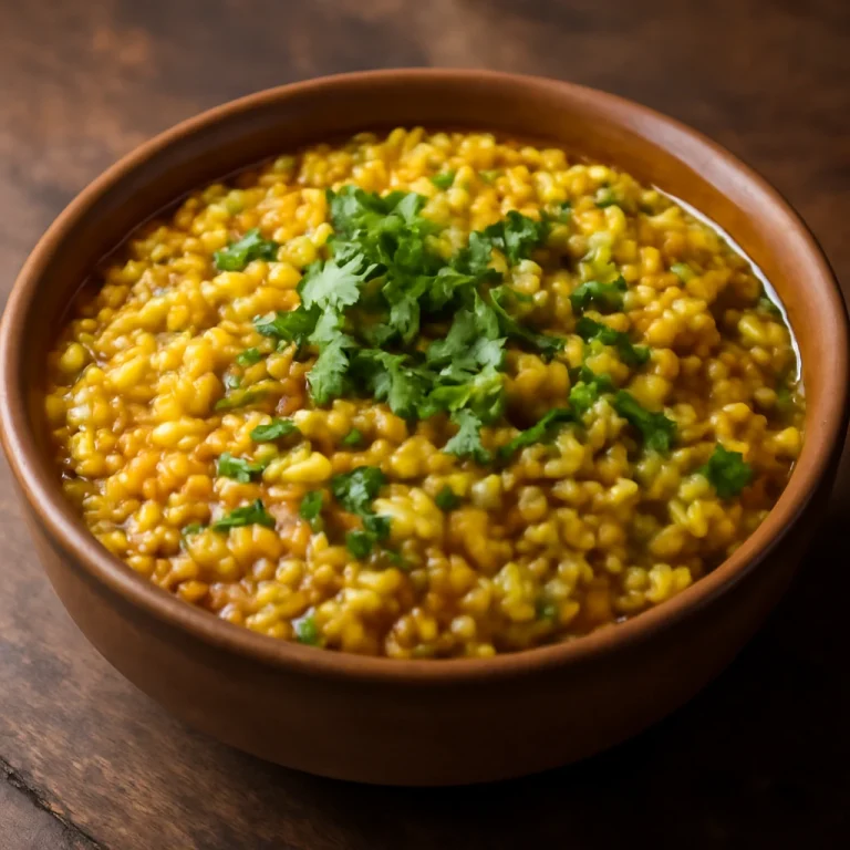 Bajra Khichdi tálalva, friss korianderrel díszítve