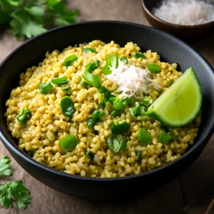 Indiai Bajra upma, korianderrel és lime-mal díszítve