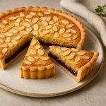 Bakewell tart áfonyalekvárral, szeletekre vágva, mandulával megszórva