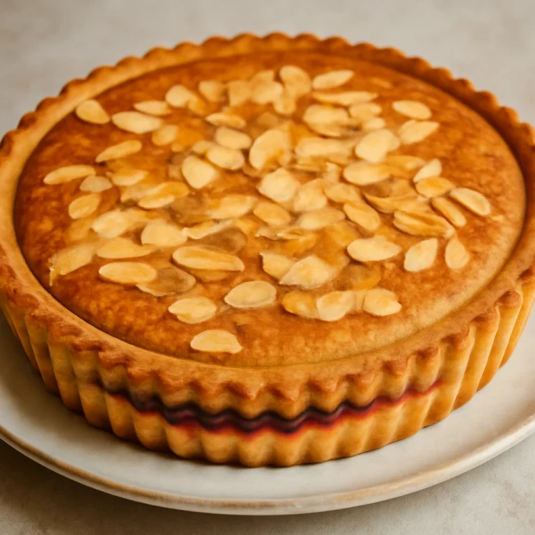 Bakewell tart cseresznyelekvárral, mandulás tésztával, aranybarnára sült pite
