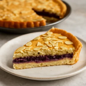 Finom Bakewell tart feketeribizlilekvárral, mandulás tésztával