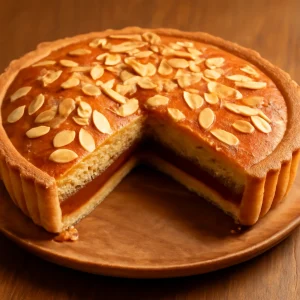 Mandulás Bakewell tart karamellás töltelékkel és cseresznye lekvárral