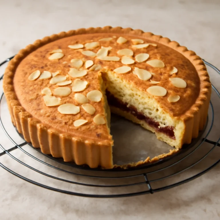 Bakewell tart klasszikus változata, frissen sült, mandulás, ribizlidzsemes pite