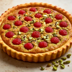 Pisztáciás Bakewell tart málna és sült tésztával