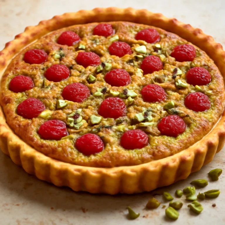 Bakewell tart pisztáciával és friss málnával, aranybarnára sült tésztával