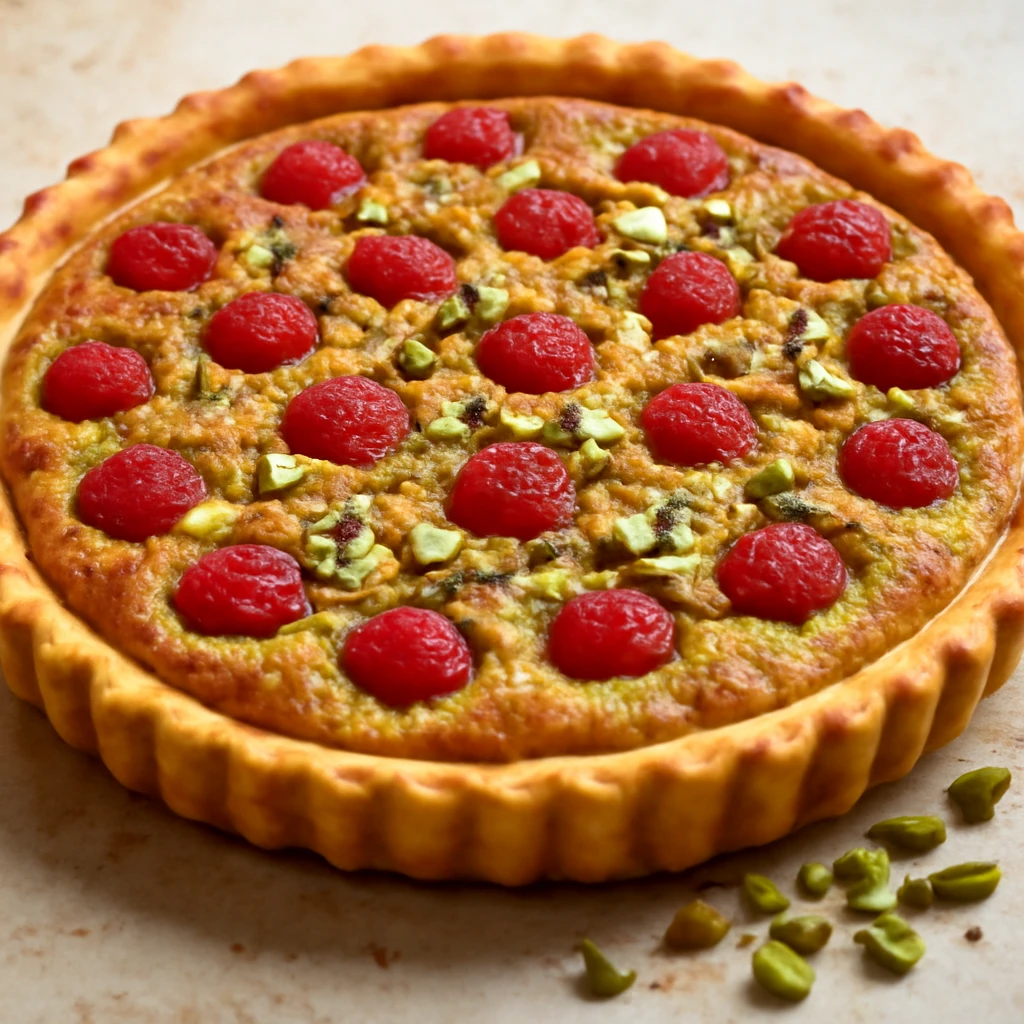 Pisztáciás Bakewell tart málna és sült tésztával