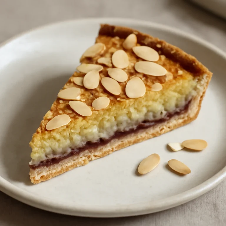 Bakewell tart szeletként tálalva, gazdag mandulás édesség lekvárral és mandulával díszítve