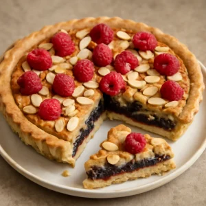 Vegán Bakewell tart mandulás töltelékkel és málna lekvárral