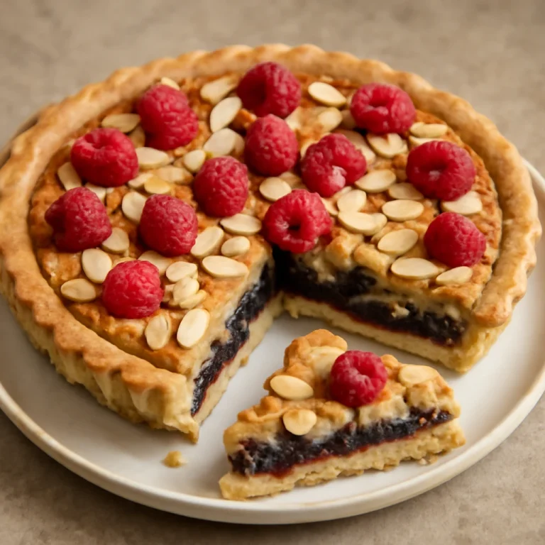 Bakewell tart vegán változatban, mandulás töltelékkel és málna lekvárral