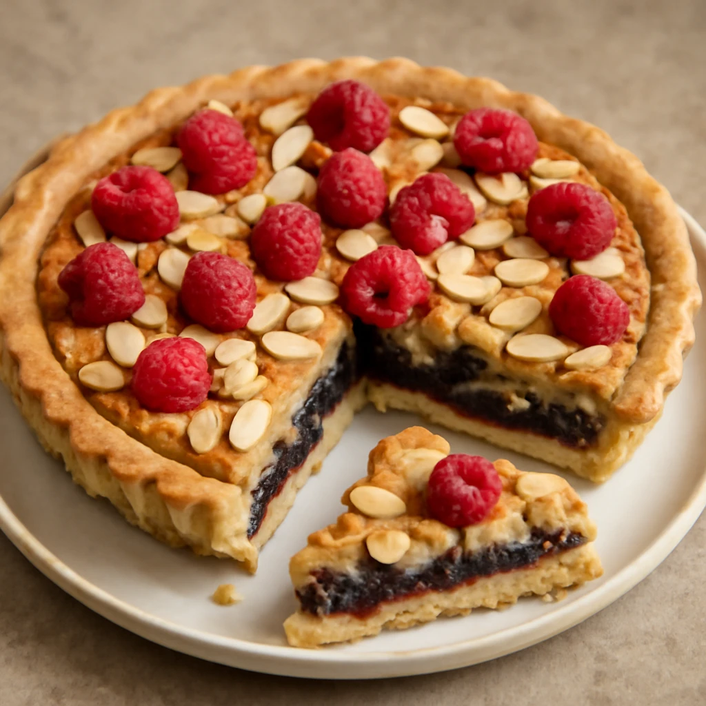 Vegán Bakewell tart mandulás töltelékkel és málna lekvárral