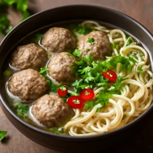 Indonéz Bakso tészta gazdag húsgombócokkal, korianderrel és chilivel