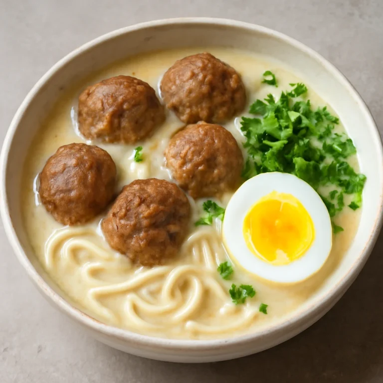 Bakso tojással, gazdag kókusztejes leves, friss korianderrel és főtt tojással tálalva.