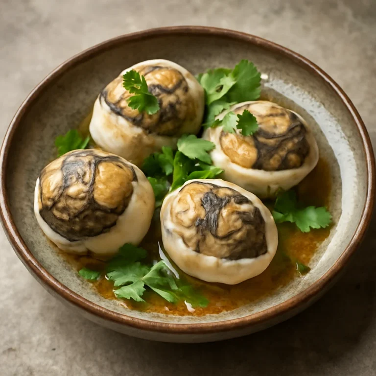 Balut ecetes mártással tálalva, korianderrel díszítve