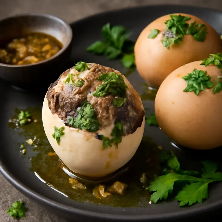 Balut fokhagymás olajjal, kacsa tojás friss petrezselyemmel díszítve