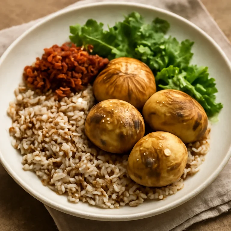Balut szezámmaggal, rizs és pirított hagyma díszítéssel