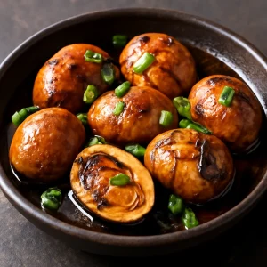 Sült balut tojások szójaszószos keverékben, friss zöldhagymával