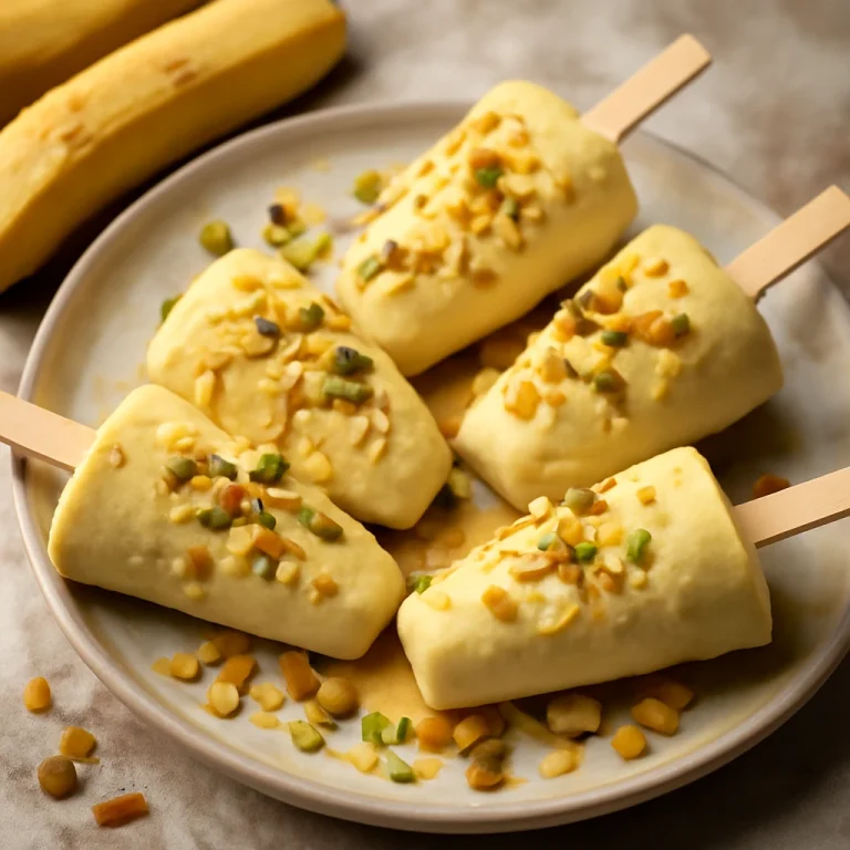 Banános kulfi díszítve mandulaforgáccsal, pistáciadióval és rózsavízzel