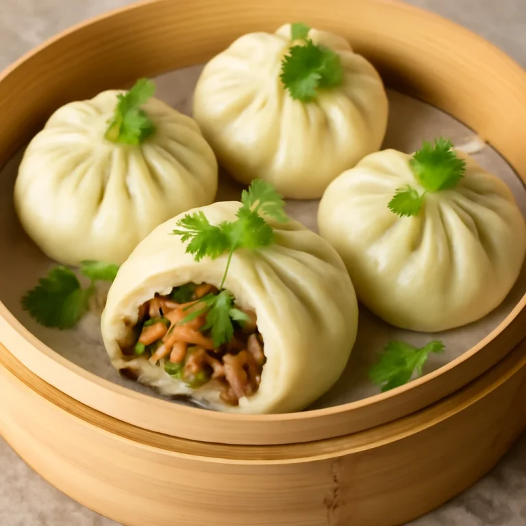 Bánh Bao zöldségekkel, gőzölve, friss korianderrel díszítve