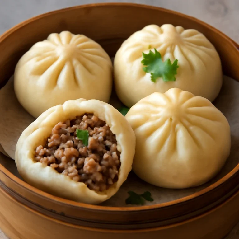 Bánh bao sertéshússal, friss korianderrel tálalva