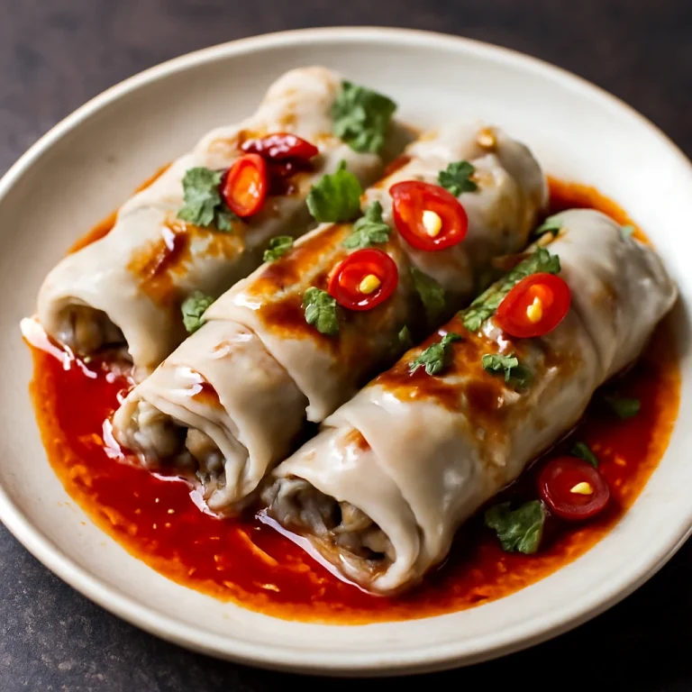 Bánh cuốn csípős szósszal tálalva