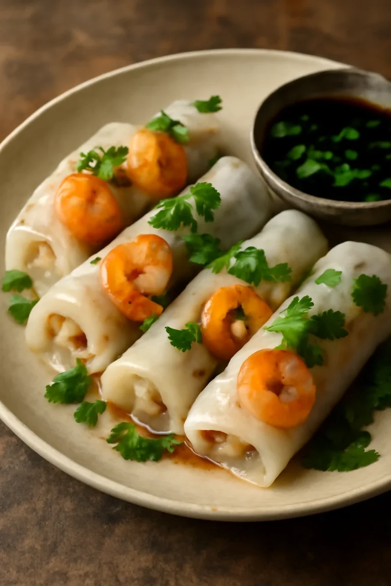 Bánh cuốn garnélával tálalva