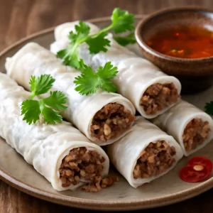 Finom bánh cuốn sertéshússal és friss korianderrel