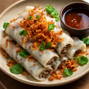 Vietnami bánh cuốn sült hagymával, fűszeres hal szósszal