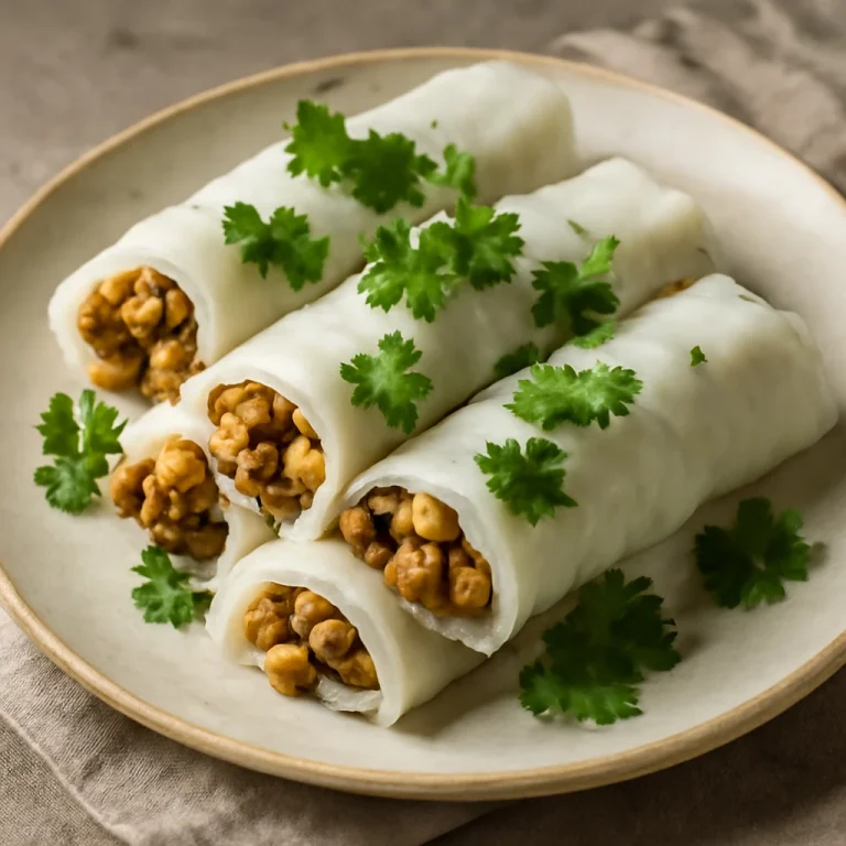 Bánh cuốn tofuval, friss korianderrel díszítve