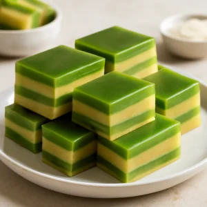 Bánh da lợn pandan és durián rétegekkel, gazdag ízekkel tálalva